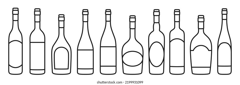 Frasco de vino de diferentes formas conjunto de doodles lineales. Hay varios tipos de bebidas alcohólicas: licor de champán rojo, blanco y espumoso. Diseño de botellas en blanco para la celebración para bar, restaurante cafetería