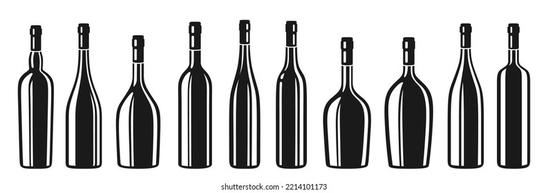 Frasco de vino de diferentes formas conjunto de siluetas. Hay varios tipos de bebidas alcohólicas: licor de champán rojo, blanco y espumoso. Anuncio de celebración botellas en blanco grabando el diseño de sellos para bar, café