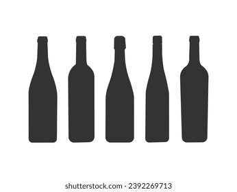 Wine bottle different shapes silhouette set. Various types alcohol beverages red, white, sparkling wine champagne liquor. A collection of interesting alcohol, beer, liquor and wine bottle. EPS 10 .