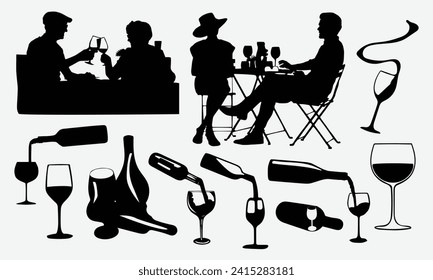 Weinflasche mit verschiedenen Formen Silhouette Set, flacher Vektorgrafik von Menschen, die einzeln auf weißem Hintergrund trinken, handgezeichnete Buchstaben, Aufkleber, Vorlagen und Becher. Vektordateien können bearbeitet werden.