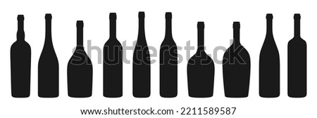 Wine bottle different shapes silhouette set. Various types alcohol beverages red, white, sparkling wine champagne liquor. Celebration advertisement blank bottles engraving stamp stain design bar, cafe
