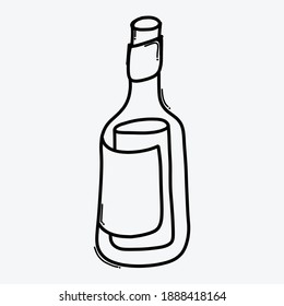 Icono vectorial del doodle de botella de vino. Línea dibujada a mano en la ilustración del esbozo de dibujo.