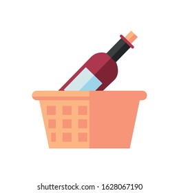 wine bottle drink in basket straw vector illustration design