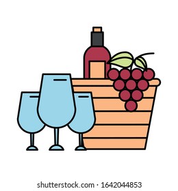 wine bottle drink in basket straw vector illustration design