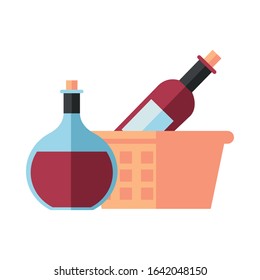 wine bottle drink in basket straw vector illustration design