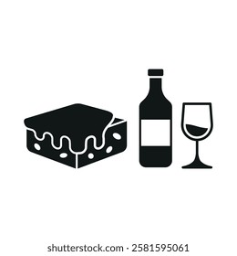 Wine bottle drink and brownies food icons with a sophisticated and indulgent design, perfect for enhancing dinner, celebration, or gourmet-themed projects.