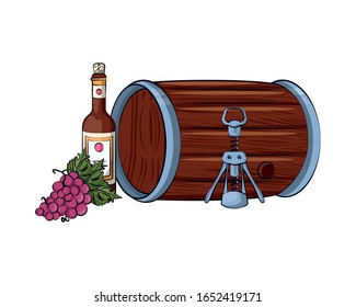 wine bottle drink with corkscrew and barrel vector illustration design
