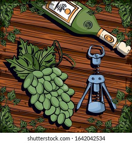 wine bottle drink with corkscrew and grapes vector illustration design