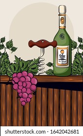 wine bottle drink with corkscrew and grapes vector illustration design