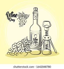 wine bottle drink with corkscrew and grapes vector illustration design