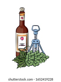 wine bottle drink with corkscrew and grapes fruits vector illustration design