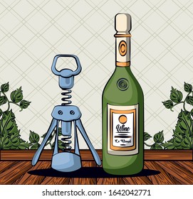 wine bottle drink with corkscrew vector illustration design