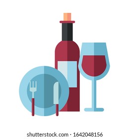 wine bottle drink with cup and dish vector illustration design