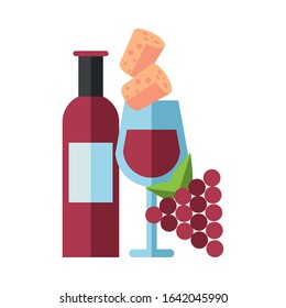 wine bottle drink with cup and grapes vector illustration design