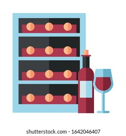 wine bottle drink with cup and storage box vector illustration design