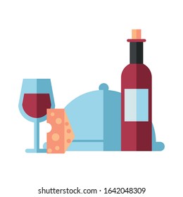 wine bottle drink with cup and tray server vector illustration design