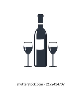 Wine bottle and drink glass icon. Alcohol wine symbol. Vector Illustration