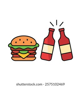 Wine bottle drink and hamburger food icon with a sleek and modern flat design featuring clean lines