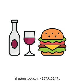 Wine bottle drink and hamburger food icon with a sleek and modern flat design featuring clean lines