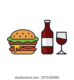 Wine bottle drink and hamburger food icon with a sleek and modern flat design featuring clean lines