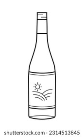 Wine bottle. A bottle of drink with a landscape illustration on the label. Isolated vector illustration in doodle line style.
