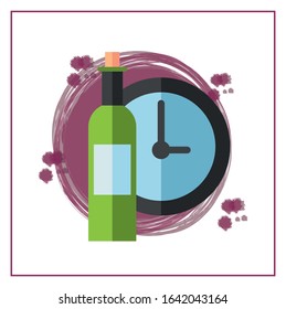 wine bottle drink with time clock vector illustration design