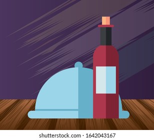 wine bottle drink with tray server vector illustration design