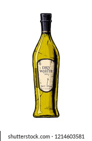 Wine bottle. Dry white wine. Vector hand drawn illustration in vintage engraved style. Isolated on white background.