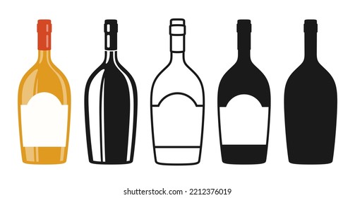 Wine bottle and empty label set, silhouette, icon, stamp engraving design. Alcohol beverages sparkling wine champagne liquor. Celebration winemaking advertisement bottles mockup for bar, restaurant