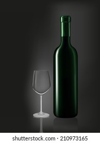 Wine bottle and emtry glass on black background. Vector illustration