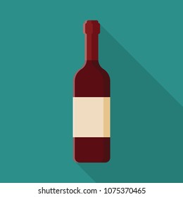 Wine bottle flat icon with long shadow isolated on blue background. Simple alcoholic drink in flat style. Can be used in banners, posters and restaurant menu.