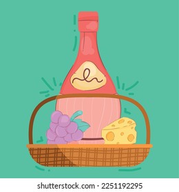 wine bottle and food in basket icons