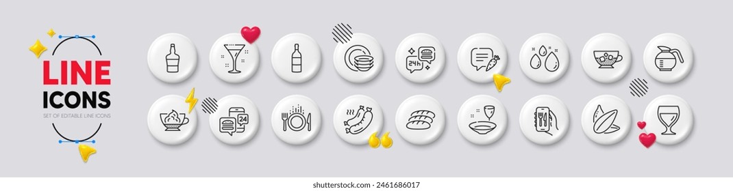 Wine bottle, Food and Wine glass line icons. White buttons 3d icons. Pack of Restaurant app, Cold coffee, Water drop icon. Coffeepot, Sunflower seed, Food app pictogram. Vector