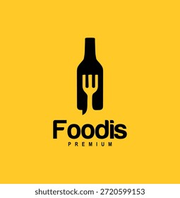 Tenedor de la botella de vino para el diseño del logotipo del restaurante de la cena