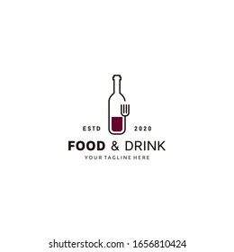 Wine bottle with fork line art logo design vector illustration food icon element