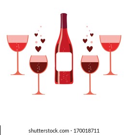 wine bottle with four wine glasses and hearts for valentine's day card 