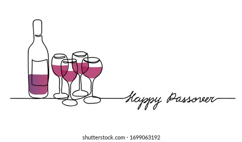 Wine Bottle And Four Wine Glasses Vector Illustration. Happy Passover, Jewish Holiday Pesach. One Continuous Line Drawing