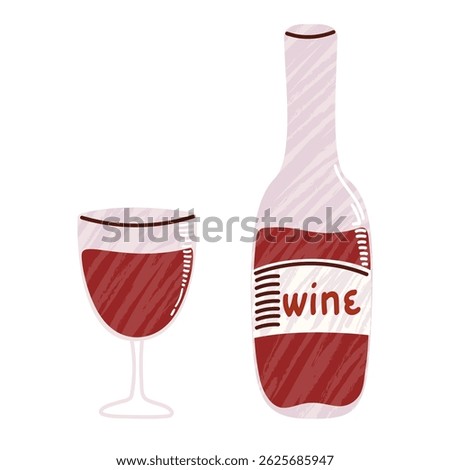 Wine bottle and full glass. Simple and modern design with hand-drawn texture