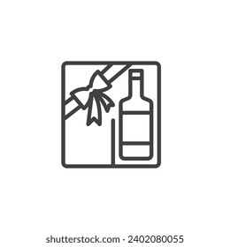 Wine Bottle Gift Box line icon. linear style sign for mobile concept and web design. Gift box with wine outline vector icon. Symbol, logo illustration. Vector graphics