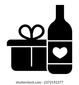 Wine Bottle And Gift Pack solid icon. Bottle with heart symbol and present with ribbon glyph style pictogram on white background. Winery signs for mobile concept and web design. Vector graphics