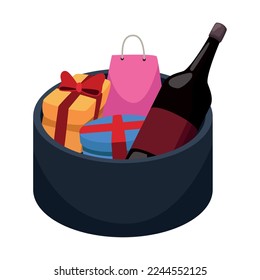 wine bottle with gifts in box icon