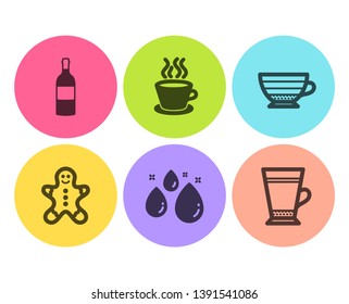 Wine bottle, Gingerbread man and Cappuccino icons simple set. Water drop, Tea cup and Latte signs. Cabernet sauvignon, Christmas cookie. Food and drink set. Flat wine bottle icon. Circle button