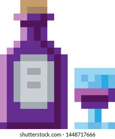 Wine bottle and glass 8 bit icon in a pixel 8 bit video game art style