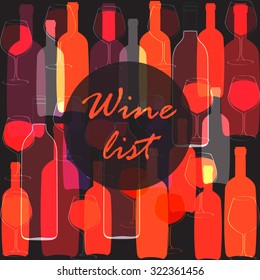 Wine bottle, glass. Abstract vector background design template with place for text. Concept for wine list, menu, flyer, party, alcohol drinks, celebration holidays.