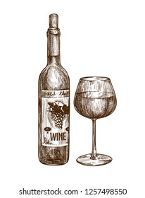 Wine bottle and glass. Alcoholic drink. Vintage sketch vector