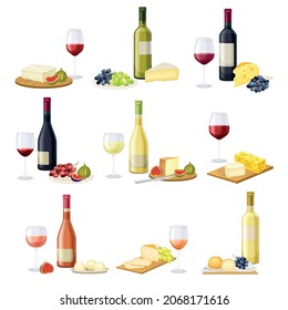 Wine Bottle And Glass With Alcoholic Drink Served With Cheese And Grapes Vector Set