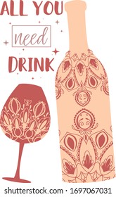 Wine bottle and glass angela with unique auburn red color design. Vector illustration