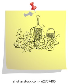 Wine bottle and glass back a vineyard