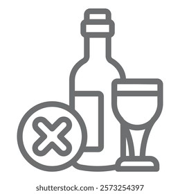 Wine bottle and glass ban line icon, prohibited items concept. Vector graphics. Wine, whisky alcohol drinking forbidden sign on white background, outline style icon for mobile or web design