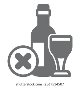 Wine bottle and glass ban solid icon, prohibited items concept. Vector graphics. Wine, whisky alcohol drinking forbidden sign on white background, glyph style icon for mobile or web design